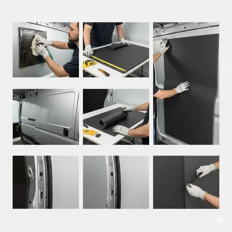 Anwendung von schwarzem Material zur Isolierung von Fahrzeugwänden.