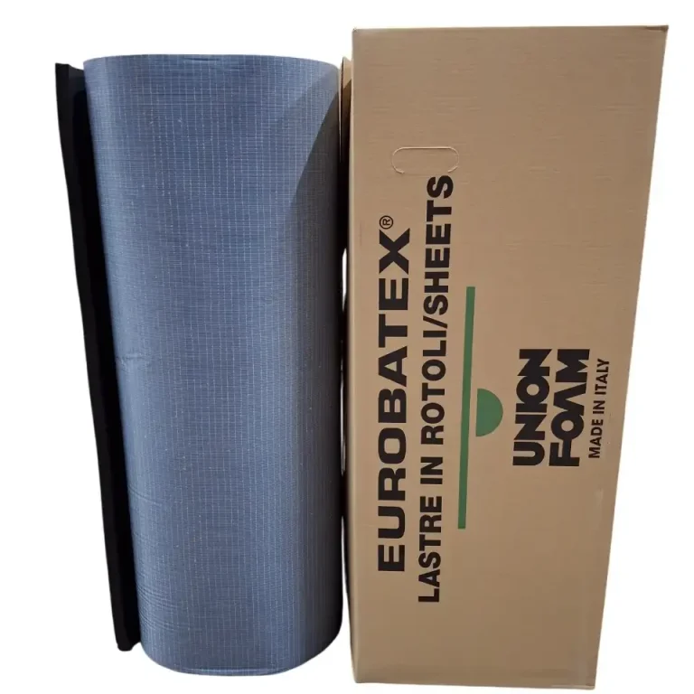 Graue Rolle Eurobatex neben braunem Karton von Union Foam.